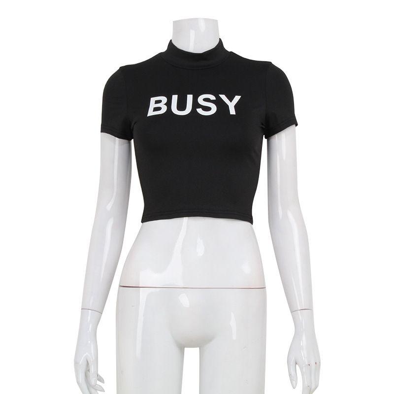 

Kkx European and American Sexy Gyaru Style American Street Letters Print Micro Turtleneck Short Slim fit T-shirt Top Pettiskirt Black Tops L