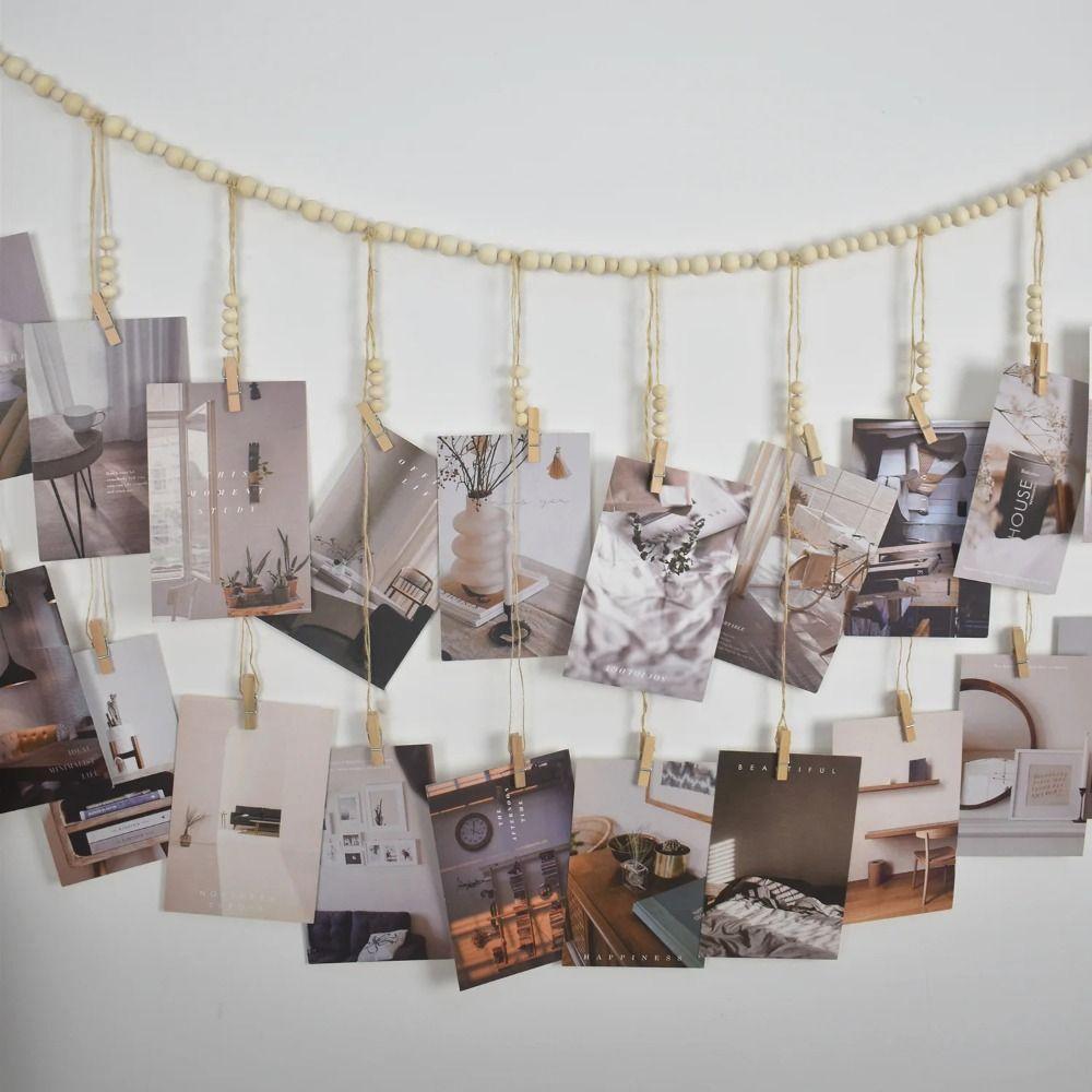 Wall Hanging Picture Display String Wooden Tassel Clips Photo Display Wooden Bead Photo Frames Home Bedroom Dorm Wall Decoration