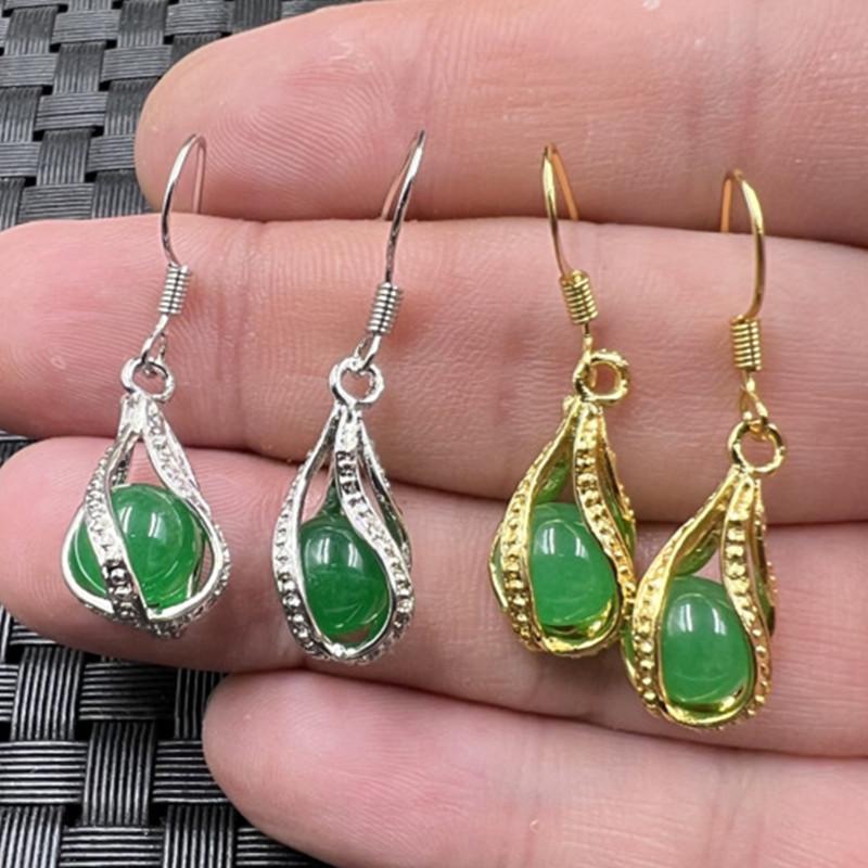 Emerald Green Quartzite Jade Round Bead Earrings
