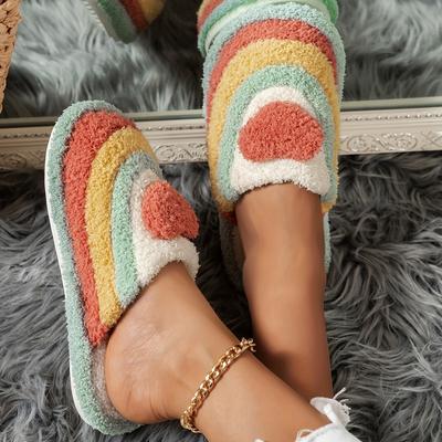 Pantofole da donna con cuore arcobaleno, scarpe chiuse in peluche calde e comode, pantofole pelose per la casa e la camera da letto