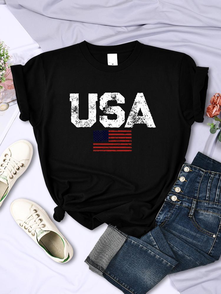 USA Letters American Flag Stars and Stripes Printed Women T-Shirts Street Hip Hop Tee Clothing Summer Breathable Tshirt Female