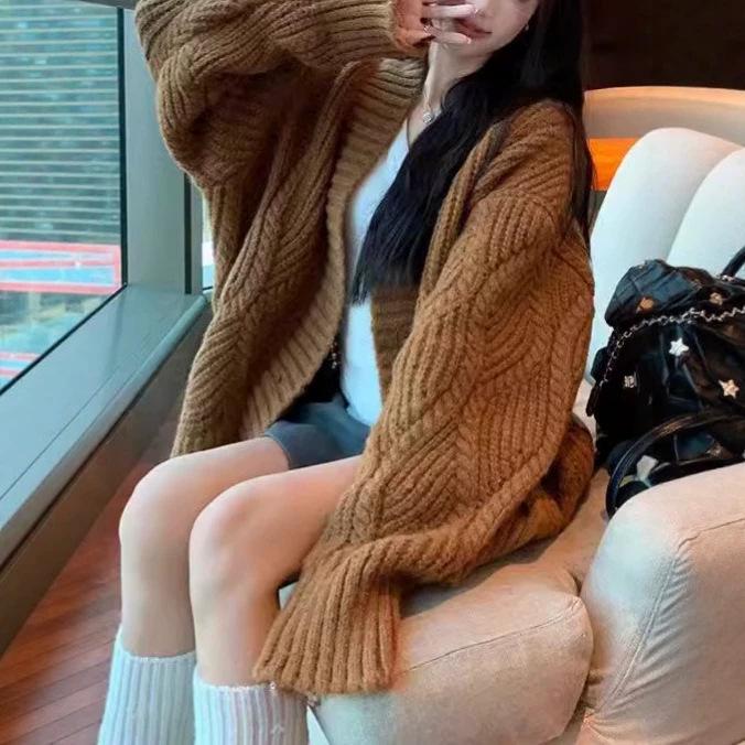 Korean Style V-Neck Retro Cable Knit Cardigan - Soft, Cozy Brown Sweater for Spring & Autumn