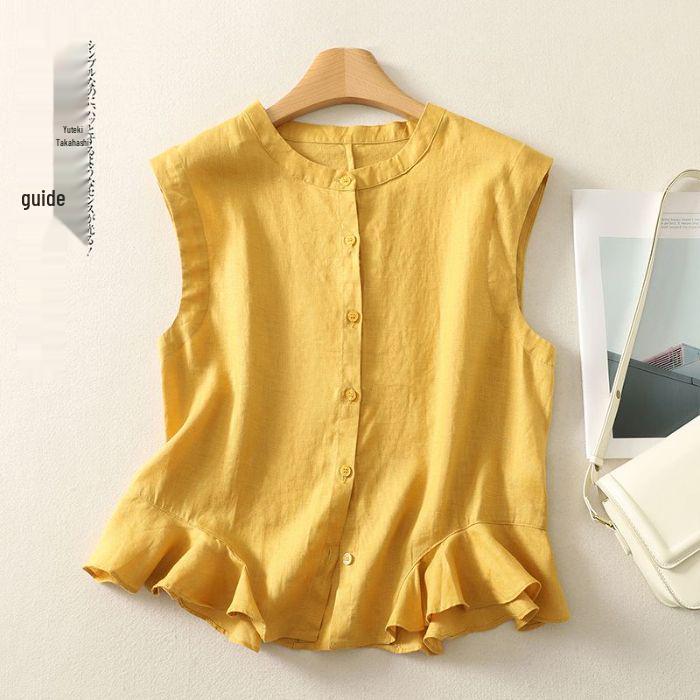 Women s Retro Cotton Linen Sleeveless Ruffled Vest
