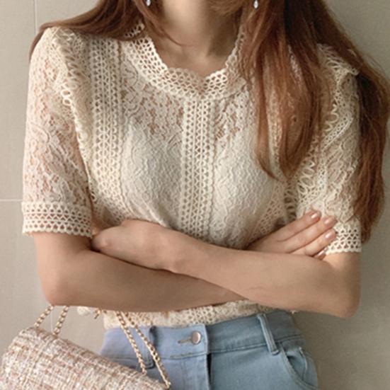 O-neck Short Sleeve Loose Summer Blouse Casual Lace Hollow Out Elegant Shirt Workwear