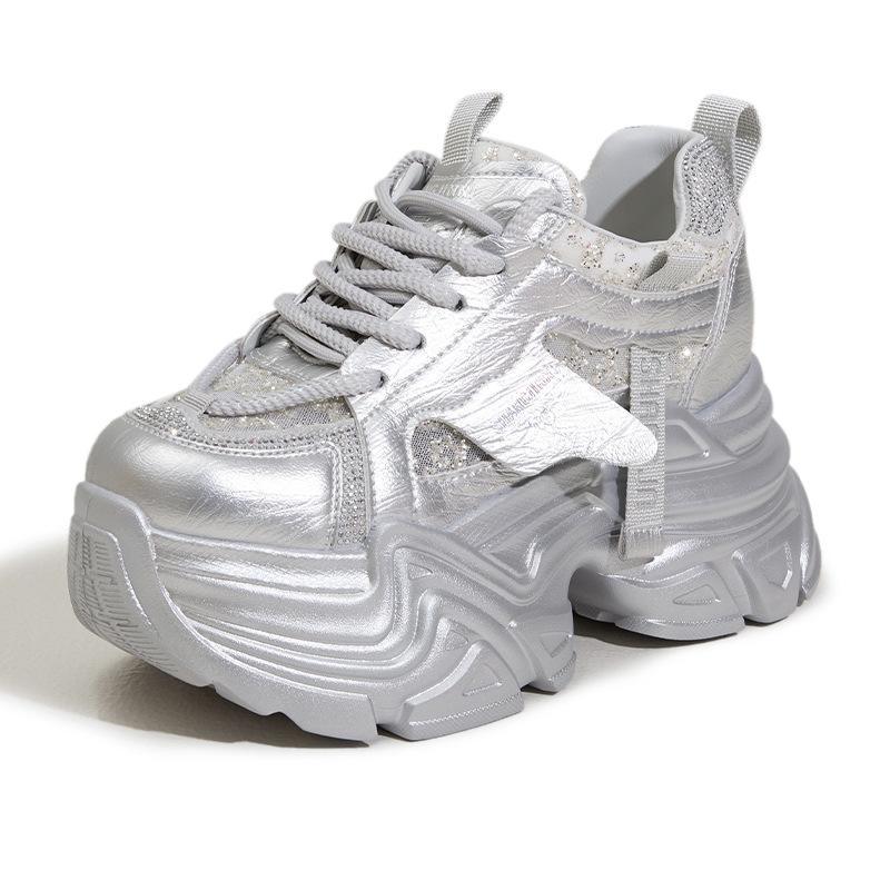 

Модные кроссовки на высокой платформе 9 см из сетки и микрофибры, повседневная спортивная обувь, женские вулканизированные туфли, блестящие кроссовки со стразами 39