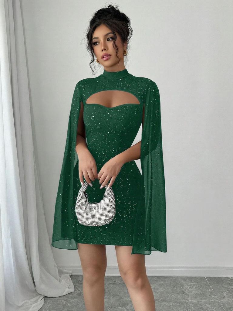 European & American Women's Ribbed Pearl Chiffon Cape Dress
