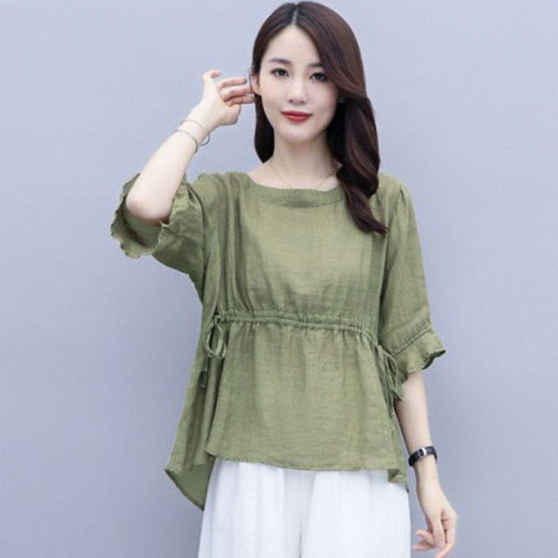 

women drawstring waist linen blend blouse square neck three quarter sleeve casual tunic L зелёный