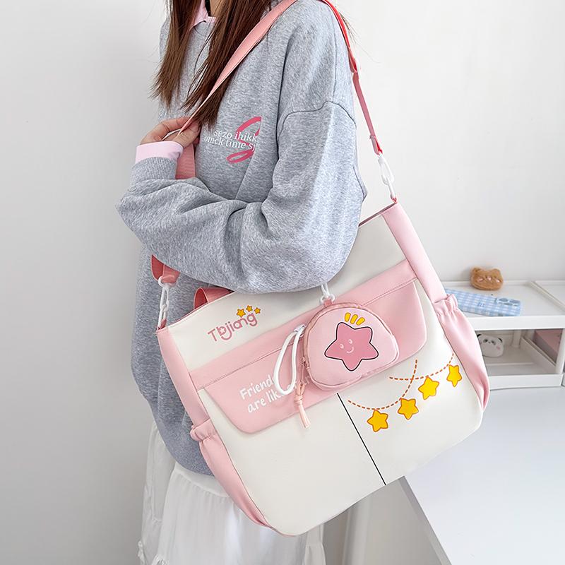 Contrast Large Capacity Tote Bag Student Crossbody Bag Girls Star Print Shoulder Bag