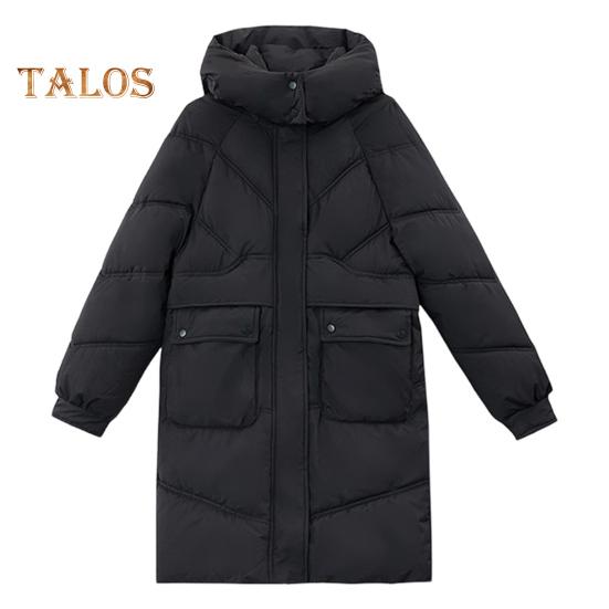 

Зимнее пуховое пальто с защитой шеи, воротником-стойкой, утепленным капюшоном и карманами, застегивающаяся на молнию парка, ветрозащитная, сохраняющая тепло, повседневная верхняя одежда для холодной погоды, хлопок M чёрный