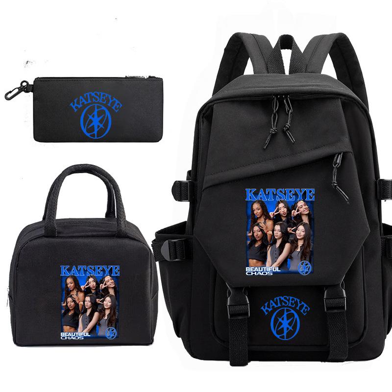 Katseye Girl Group Print 3-Piece Set Backpack, Color Block Anti-Gravity School Student Bookbag Large Capacity Lightweight Water-Resistant