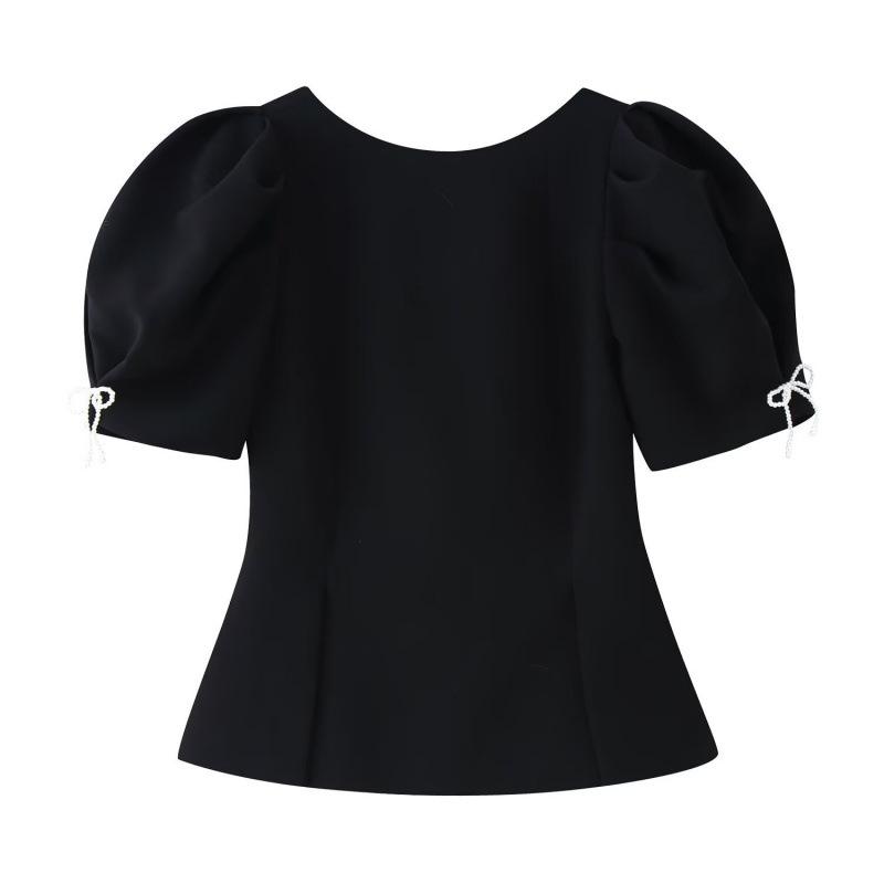 

European & American Bow Faux Pearl Puff Sleeve Top, 2026 New L чорний