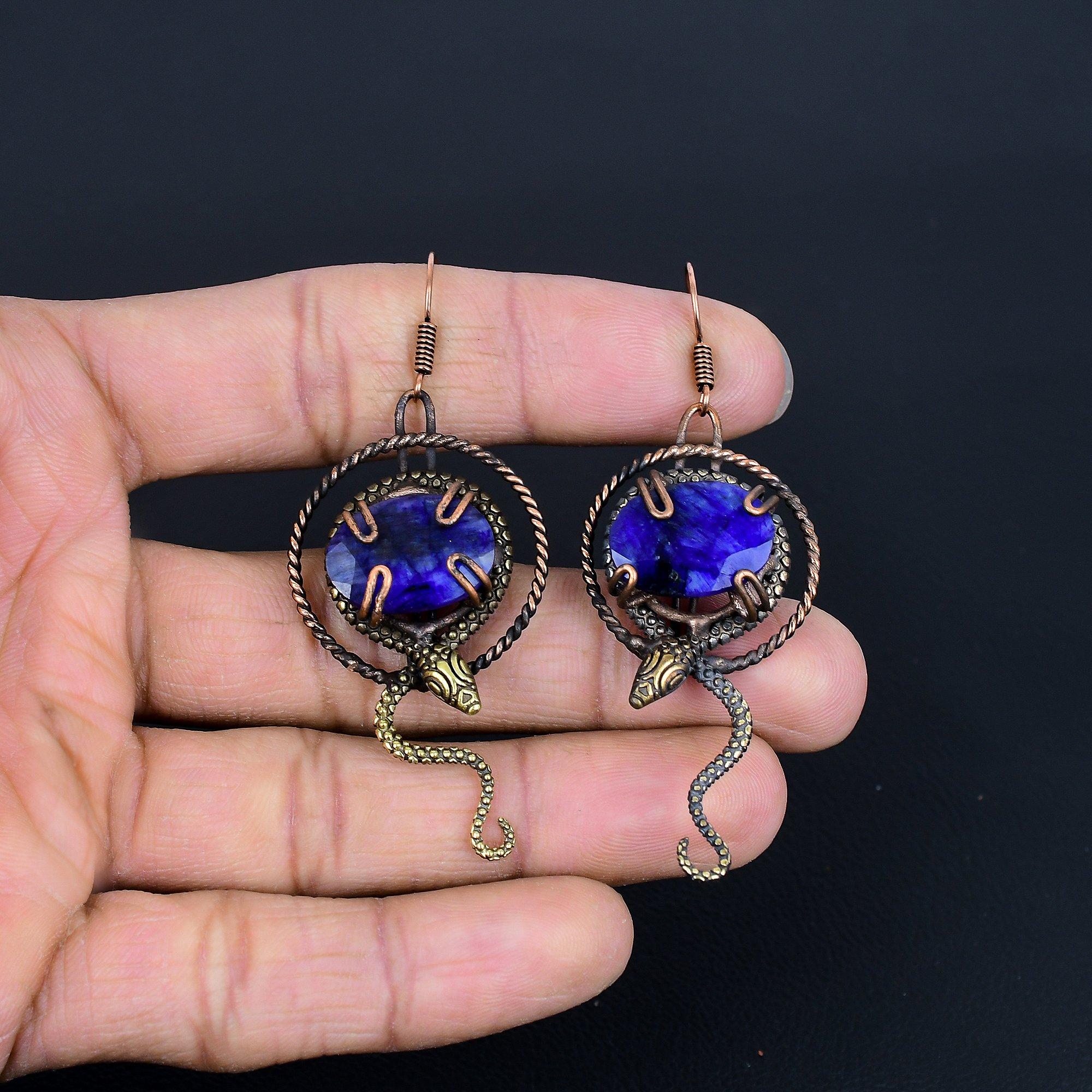 

Серьги с синими сапфирами, Серьги с драгоценными камнями ручной работы, Серьги, обернутые медной проволокой 999 пробы, Антикварные украшения, Для подарка на помолвку 2.75 Inches