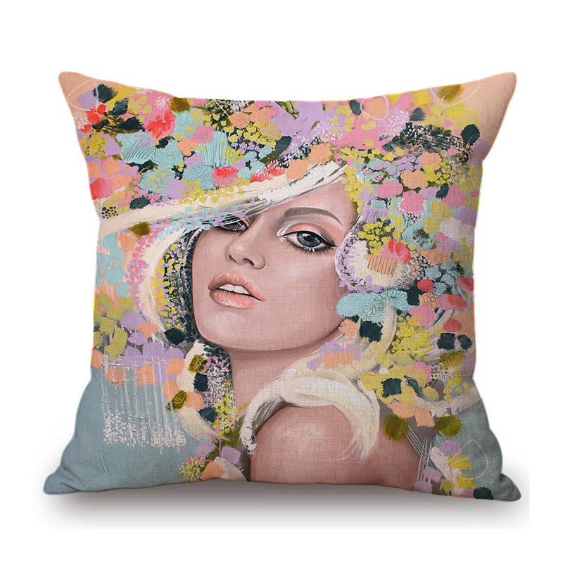 Modern Flower Head Girl Oil Painting Art Cotton Linen Sofa Throw Pillow Case Fashion Floral Lady Decoration Cushion Cover