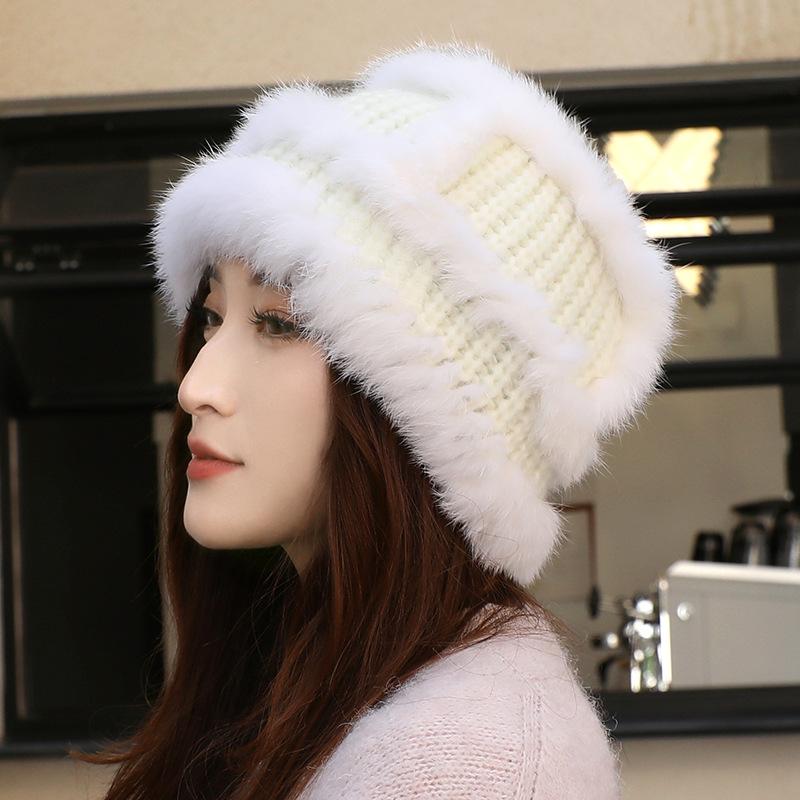Rabbit Fur Knitted Bucket Hat Women's Autumn and Winter Ear Protection Warm Windproof Wool Hat Winter Hat