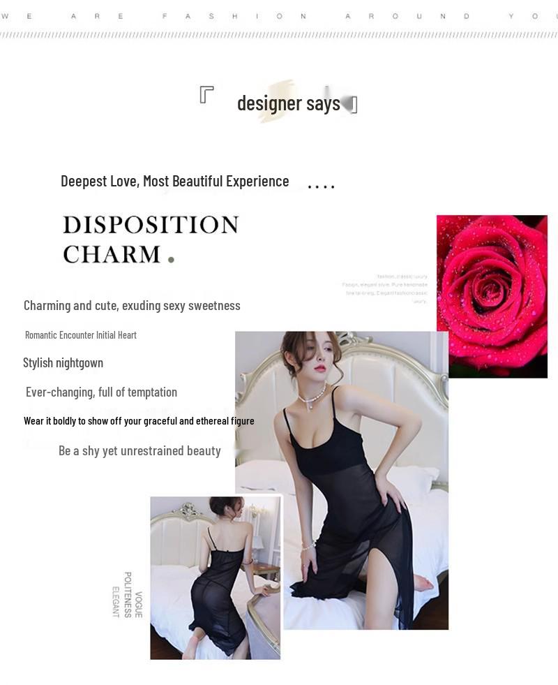 Black Mesh Low-Cut High-Slit Lingerie Camisole Dress - Erotic, Transparent Nightgown for Women