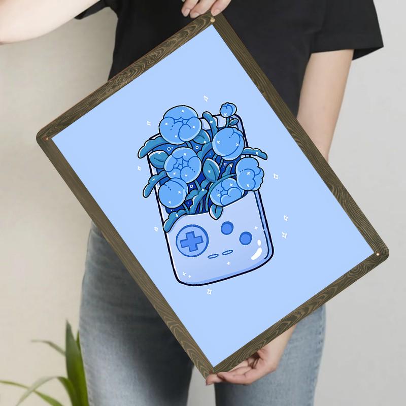 

Creative Game Controller Metal Tin Sign Blue Flower Pattern Home Decor Wall Art For 20x30cm（7.8x11.8inch）