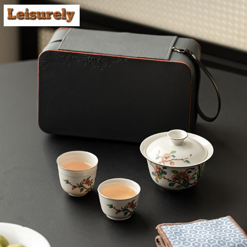 Retro Plant Ash Travel Tea Set Handmade Daffodil Tracing Silver Cover Bowl Tea Brewing Kit Outdoor Camping Portable Leath Bag