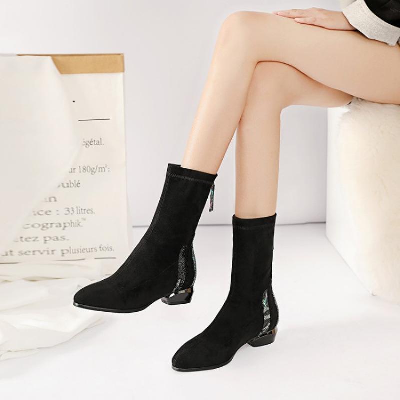 

Корейская версия новых полусапог на низком каблуке, женские резиновые подошвы, женские сапоги больших размеров, замшевые кожаные сапоги, задняя молния, осень и зима 39 чёрный