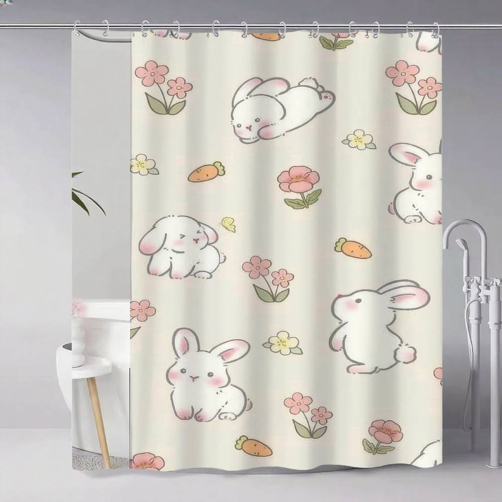 Cute Rabbit With Carrot Shower Curtain, Bathroom Decorative Shower Curtain, Waterproof Shower Curtain With Hooks