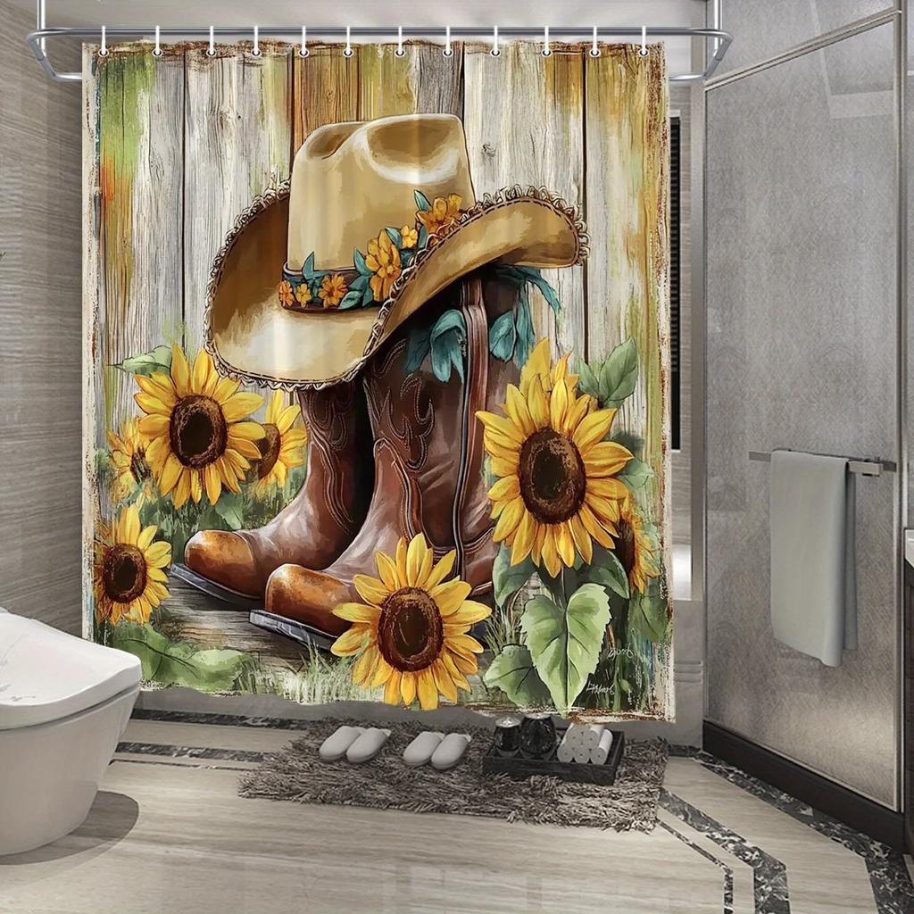 Western Cowboy Shower Curtain - Sunflowers, Rustic Wood, Leather Boots & Hat, Hand-Painted Art, Water-Resistant Polyester