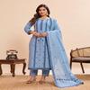 Serene Powder Blue: Geometric Embroidered Cotton Kurta Set with Matching Dupatta