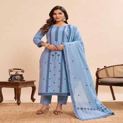 Serene Powder Blue: Geometric Embroidered Cotton Kurta Set with Matching Dupatta