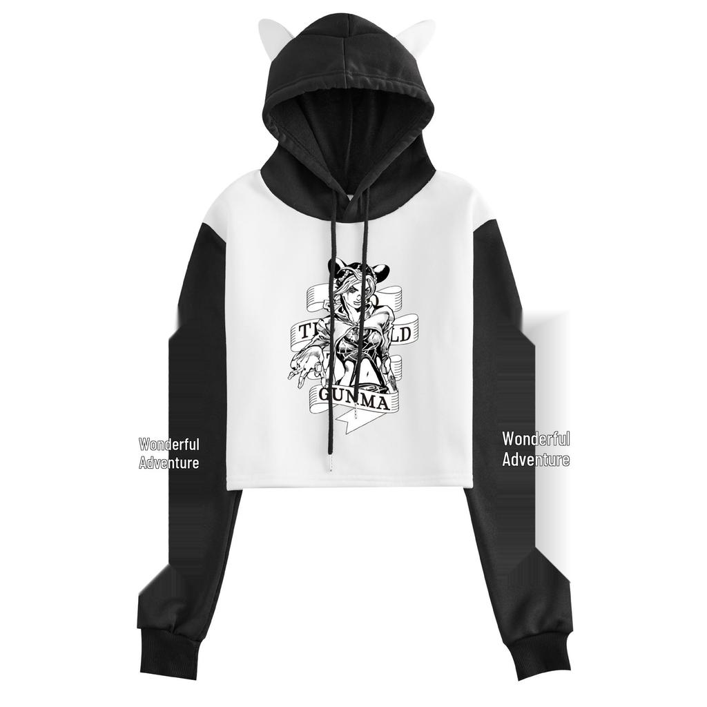 JOJO's Bizarre Adventure Cat Ear Color Block Hoodie - Women’s Anime Loose Jacket for Spring/Autumn