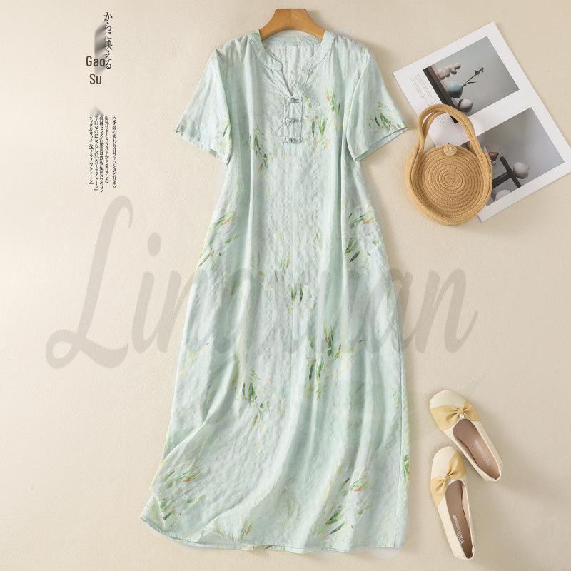 Summer Chinese Frog Button Printed Qipao Dress for Women, V-Neck Cotton Linen Plus Size, Young Style L
