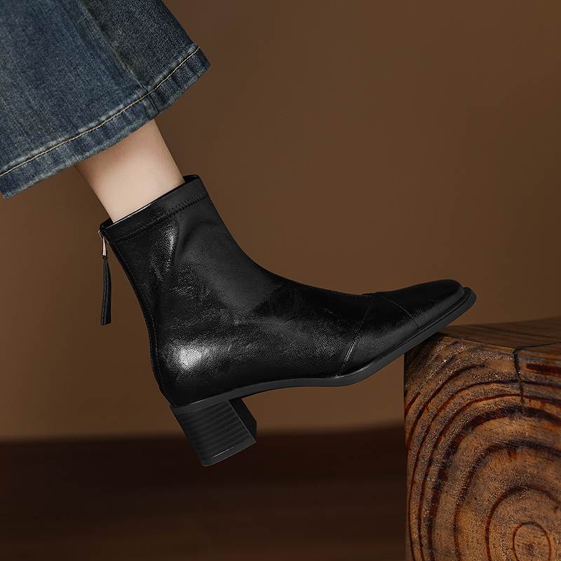 Krazing Pot Microfiber Square Toe Thick Heels Chelsea Boots Size 42 Zip Women Concise Style Elastic Ankle Boots