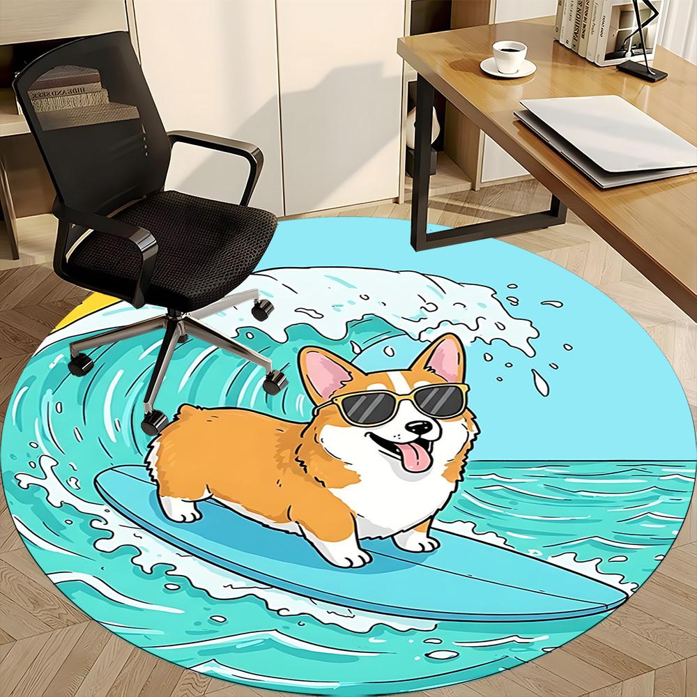 1PC Surfing Corgi Office Round Area Rug, Indoor Mat Suitable ForOffice, Under Office Chairs Bedroom Living Room Home Decor, Room Deco f008