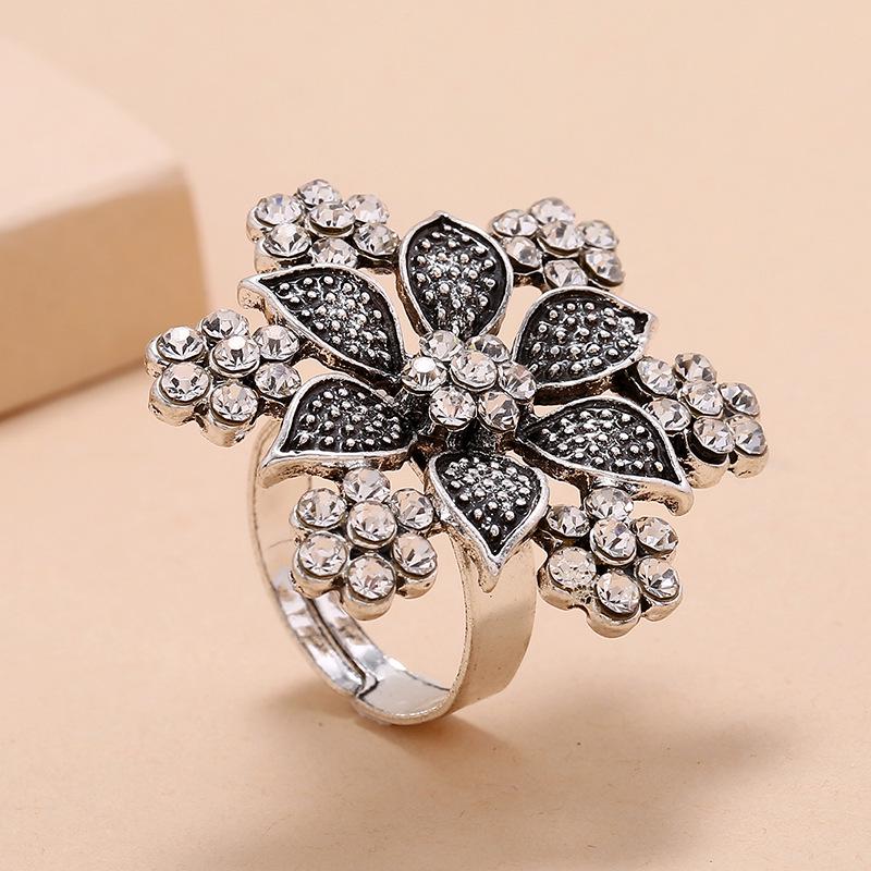 Retro Hexagonal Flower Full Diamond Adjustable Ring