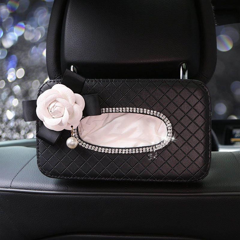 High Quality Leather Pearl Flower Car Tissue Box For Armrest Paper Holder Hanging for Auto Back Seat Headrest Organizer Storage