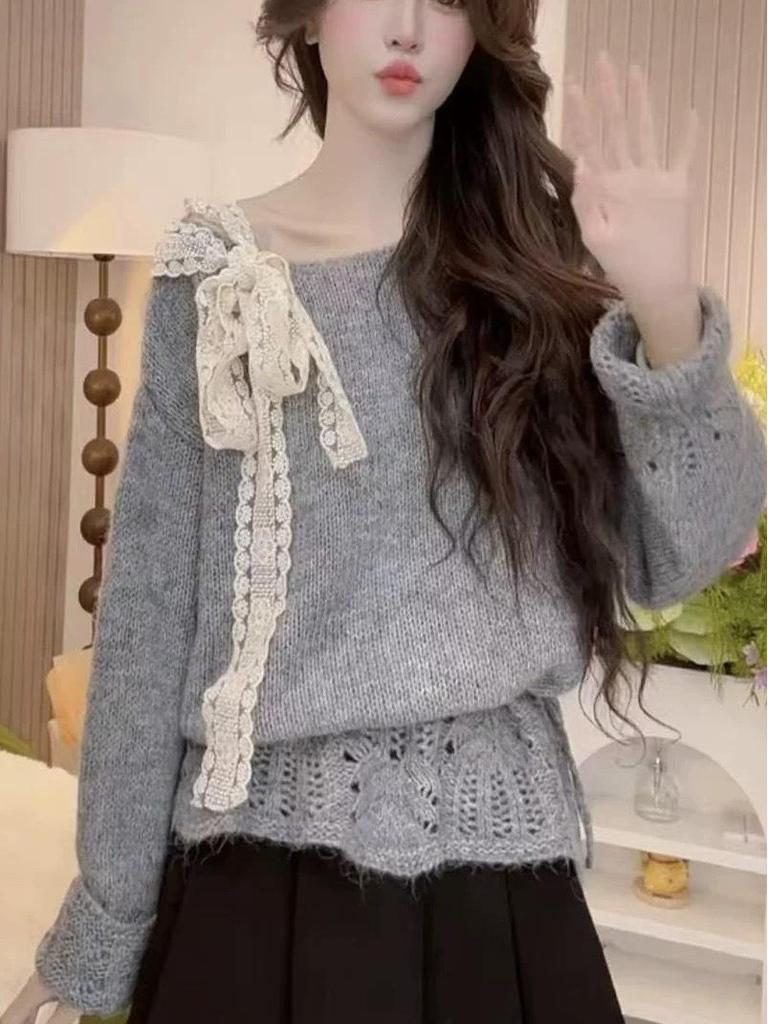 Lazy Style Knitted Lace-Up Bow Sweater - Women's Loose Fit for Autumn and Winter