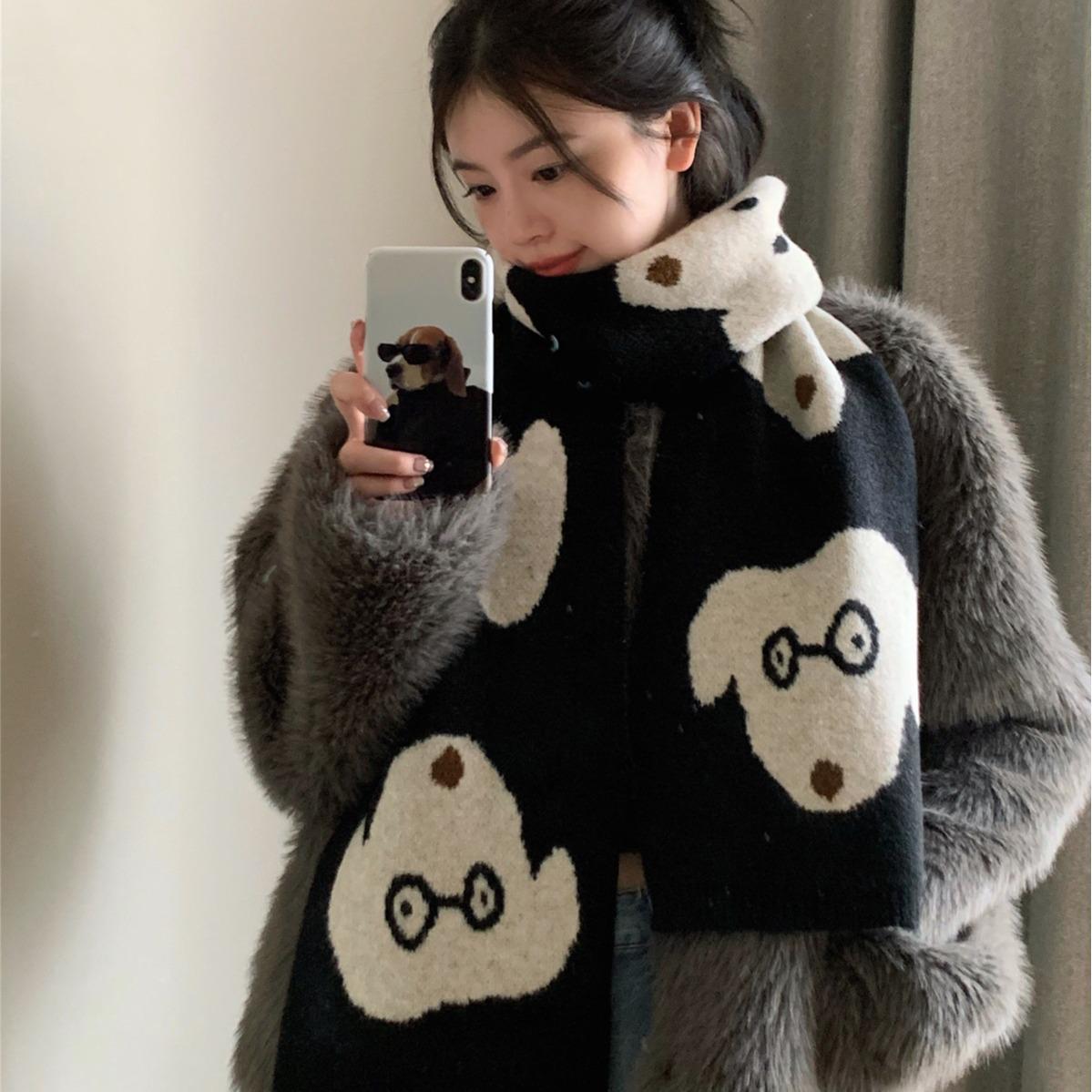 

Женский шерстяной шарф в японском стиле с очаровательным щенком: Зимний толстый, теплый вязаный шарф 2023 года для студентов