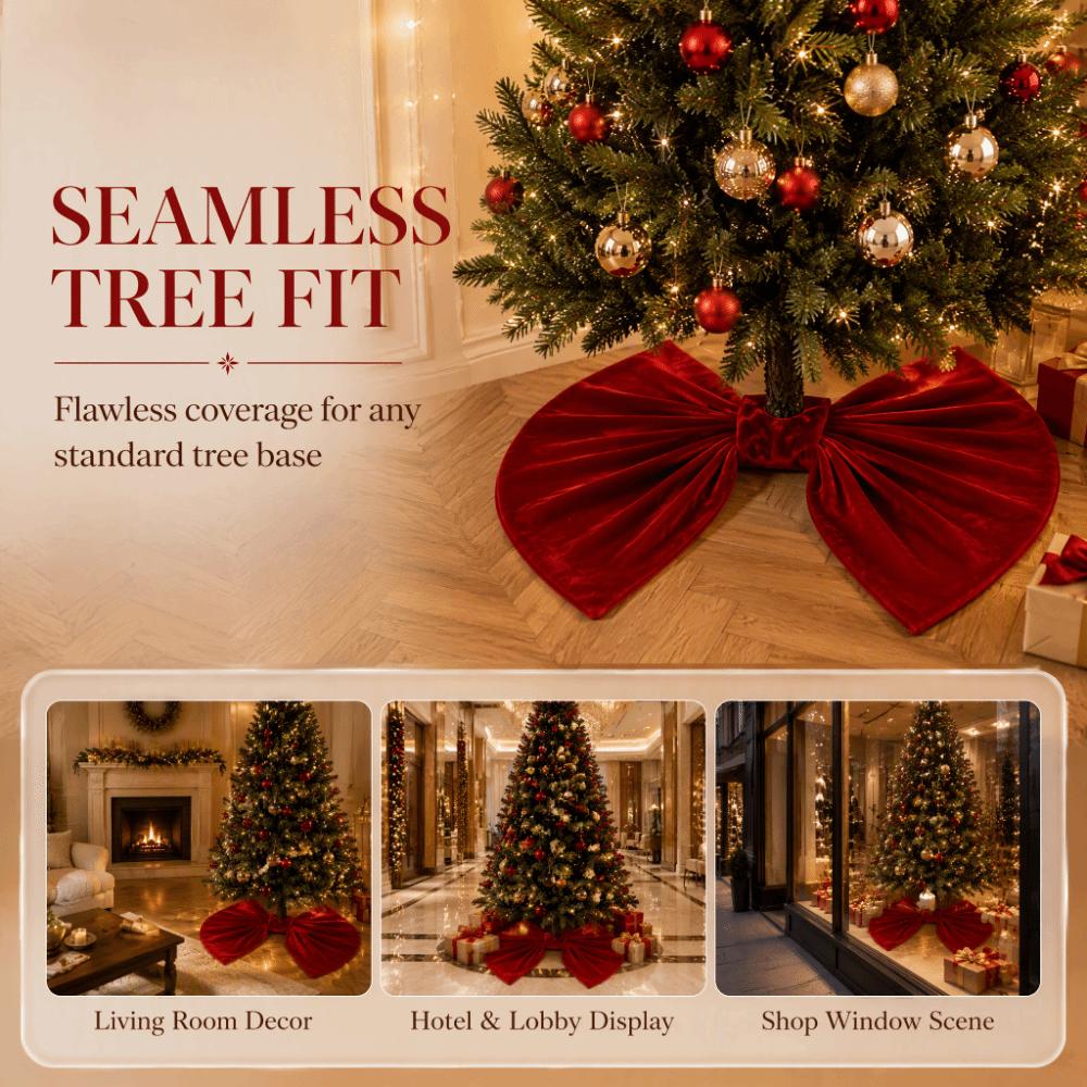 Red Bow Design Tree Base Cover Velvet Xmas Tree Skirt Large Ornament Tree Base Mat Shopping Mall