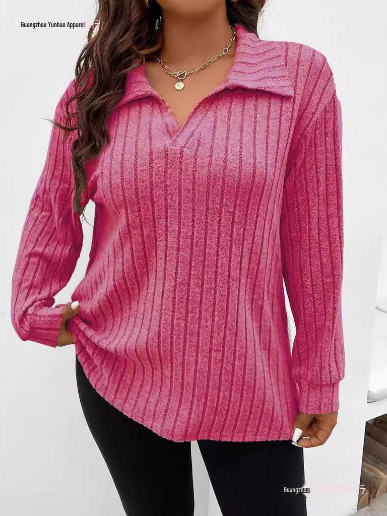 2026 Autumn/Winter Plus Size Women's V-Neck Long Sleeve Ribbed Brushed Loose Top