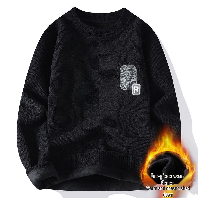 Men's Autumn-Winter Velvet Sweater: Thick Knit Base Layer for Teens