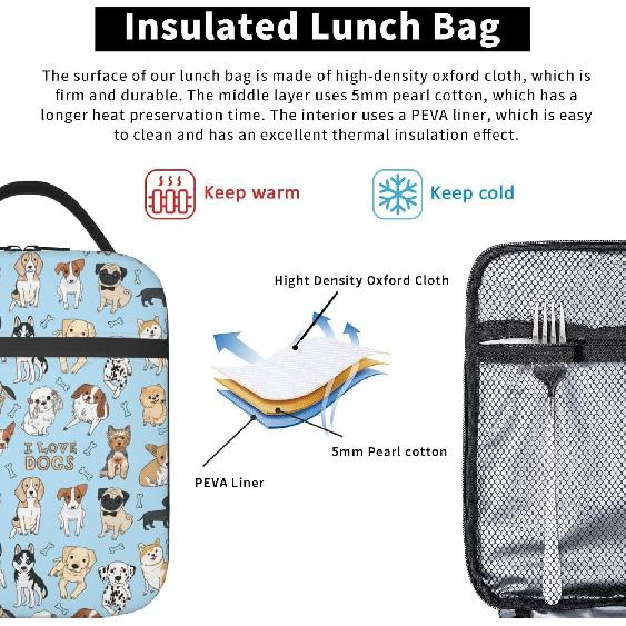 Insulated Lunch Box for Girls Kids Women Dog Lunch Box for Work,Picnic,School,Travel,Hiking,Beach or Fishing Polyester Pet Animal I Love Dogs And
