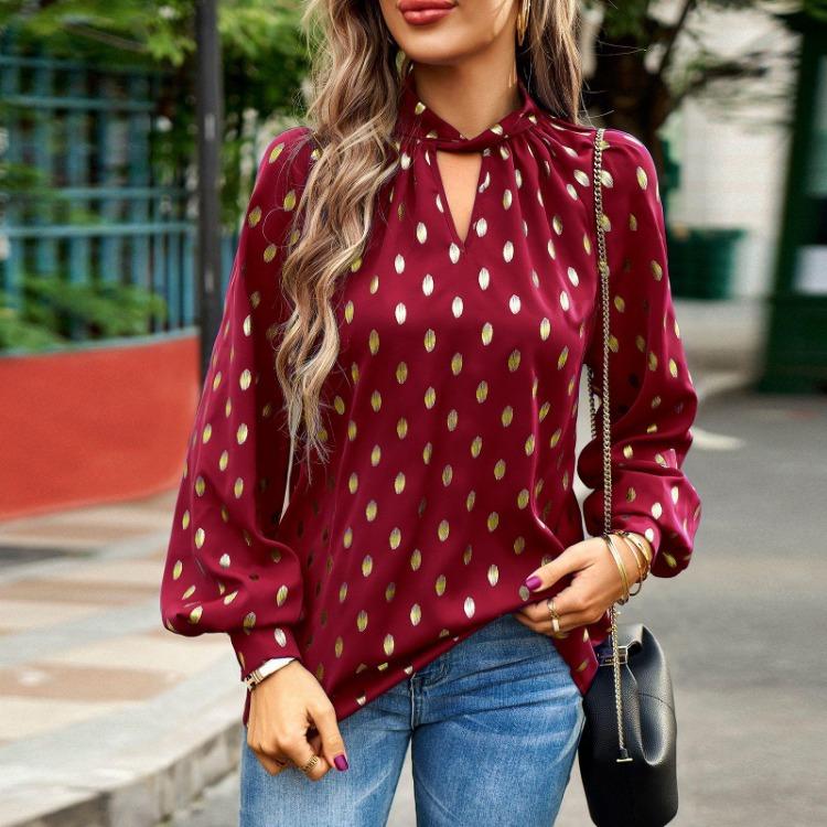 Women's Loose Hollow Out Blouse Long Sleeve O Neck Top Autumn Winter Printed Commuter Casual Tops