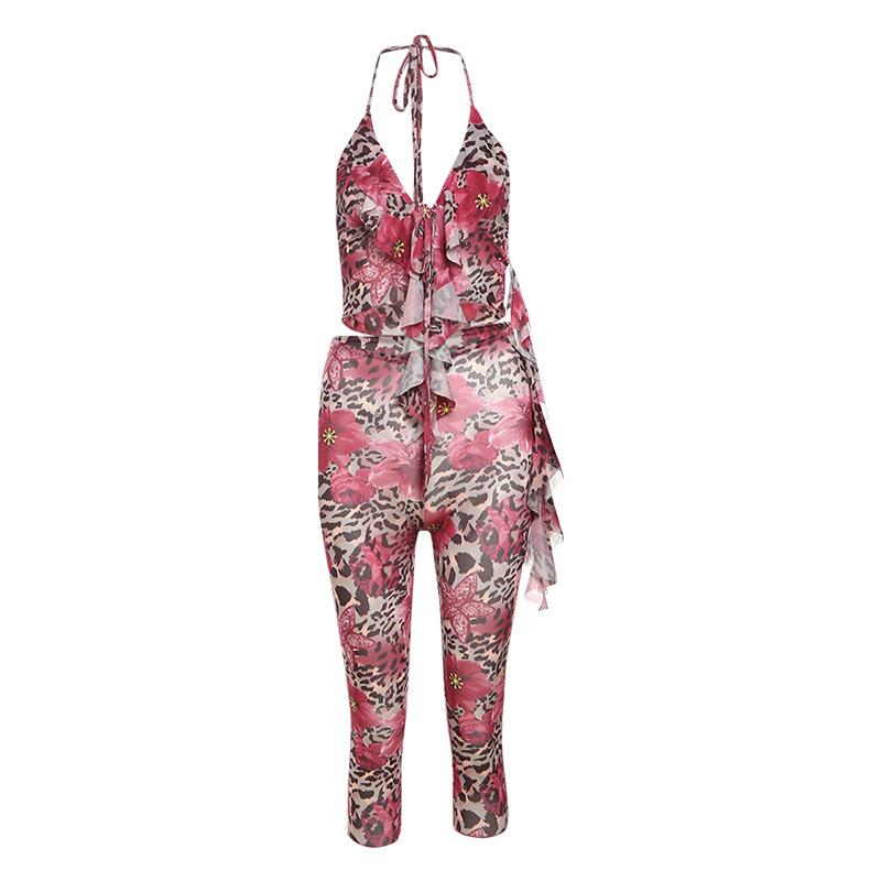 

Весна Новинка Женский Сексуальный Топ-Камисол с Сеткой на Шее и Леггинсы с Принтом Облегающего Кроя L