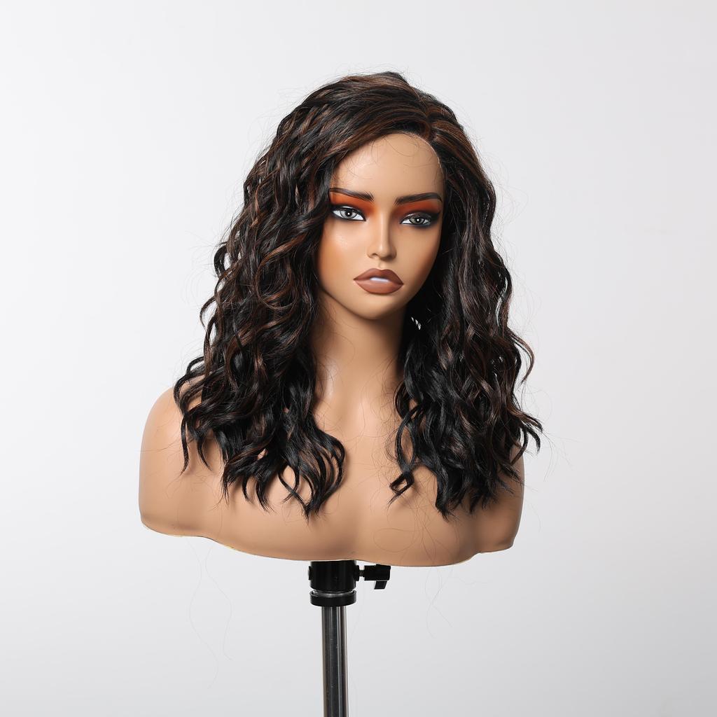 ALAN EATON Medium Length Lace Synthetic Wigs Wavy Red Brown Highlight Wig for Black White Women Natural High Density 18inch