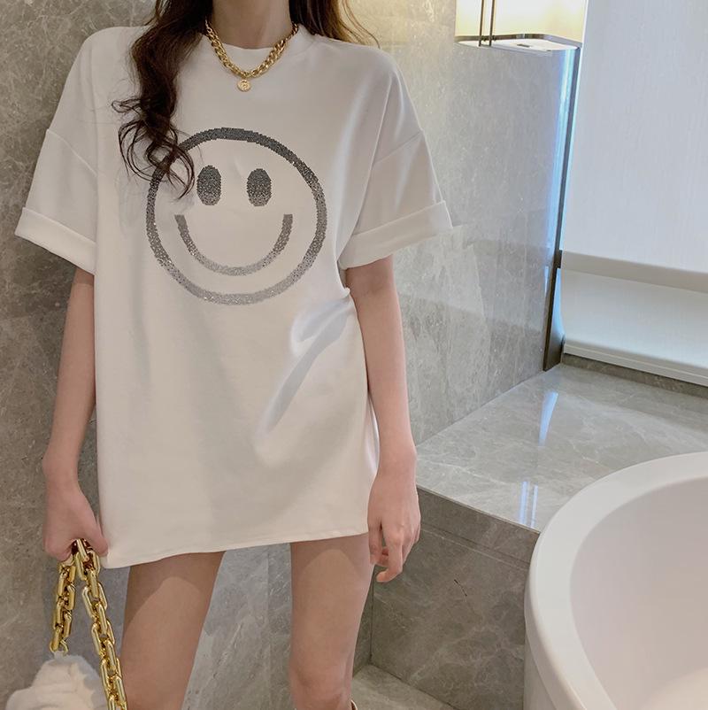 Women's Smiley Face Print Loose Short Sleeve Round Neck T-shirt - Casual Spring/Summer Top
