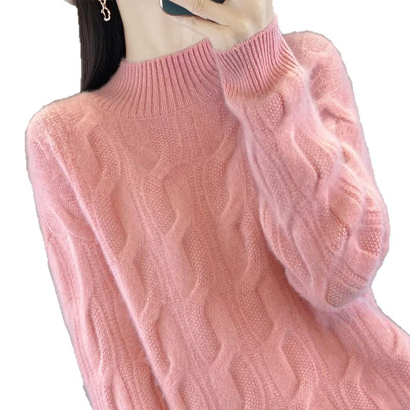 Women’s 100% Pure Wool Cable Knit Sweater - Half-High Neck, Loose Fit, Winter Pullover