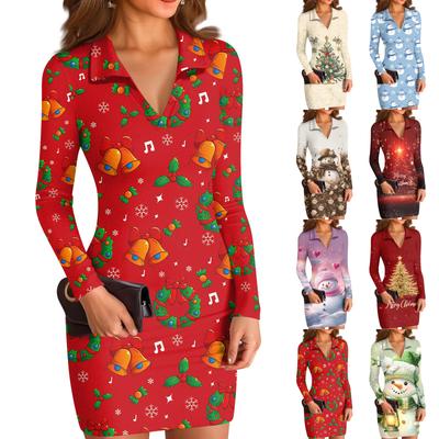 Women's V-neck Casual Print Long-sleeved Fitted Dress