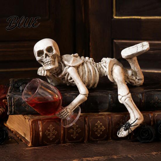 Resin Skeleton Sculpture Halloween Gothic Figurine Holding Glass Bottle Horror Decor Statue Desktop Decoration for Home Office Bookshelf Outdoor