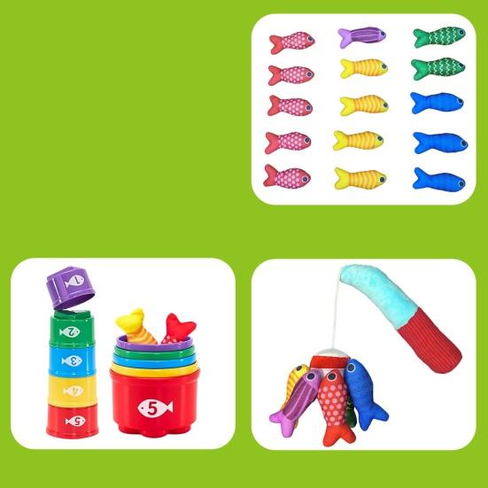 Montessori Fishing Toy for Toddlers Soft Fabric Play Mat with Fish & Stacking Buckets Early Learning Educational Game for Babies 1-3 Years Old