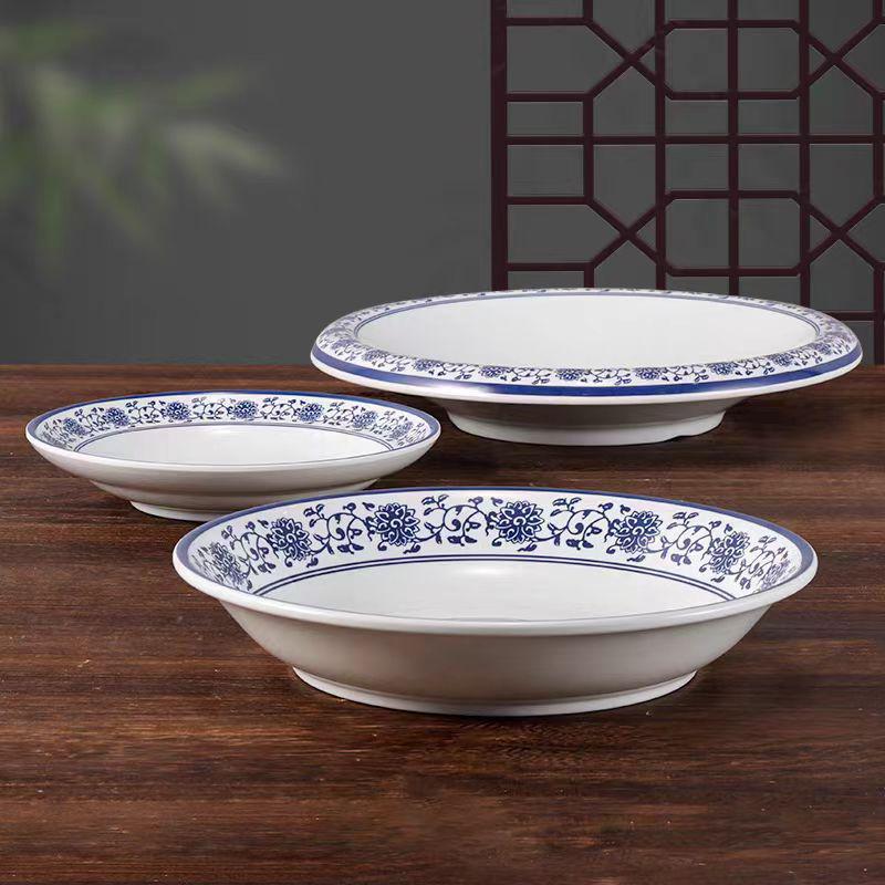 Modrobílý hluboký talíř z melaminu ve stylu porcelánu pro ryby, polévky a komerční použití