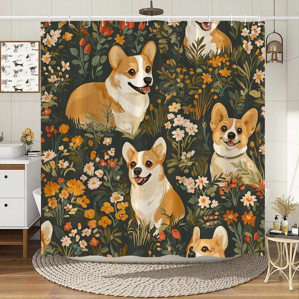 Vintage Style Cute Cat Shower Curtain Watercolour Blooming Flowers Polyester Fabric Home Bath Curtains Bathroom Decor with Hooks