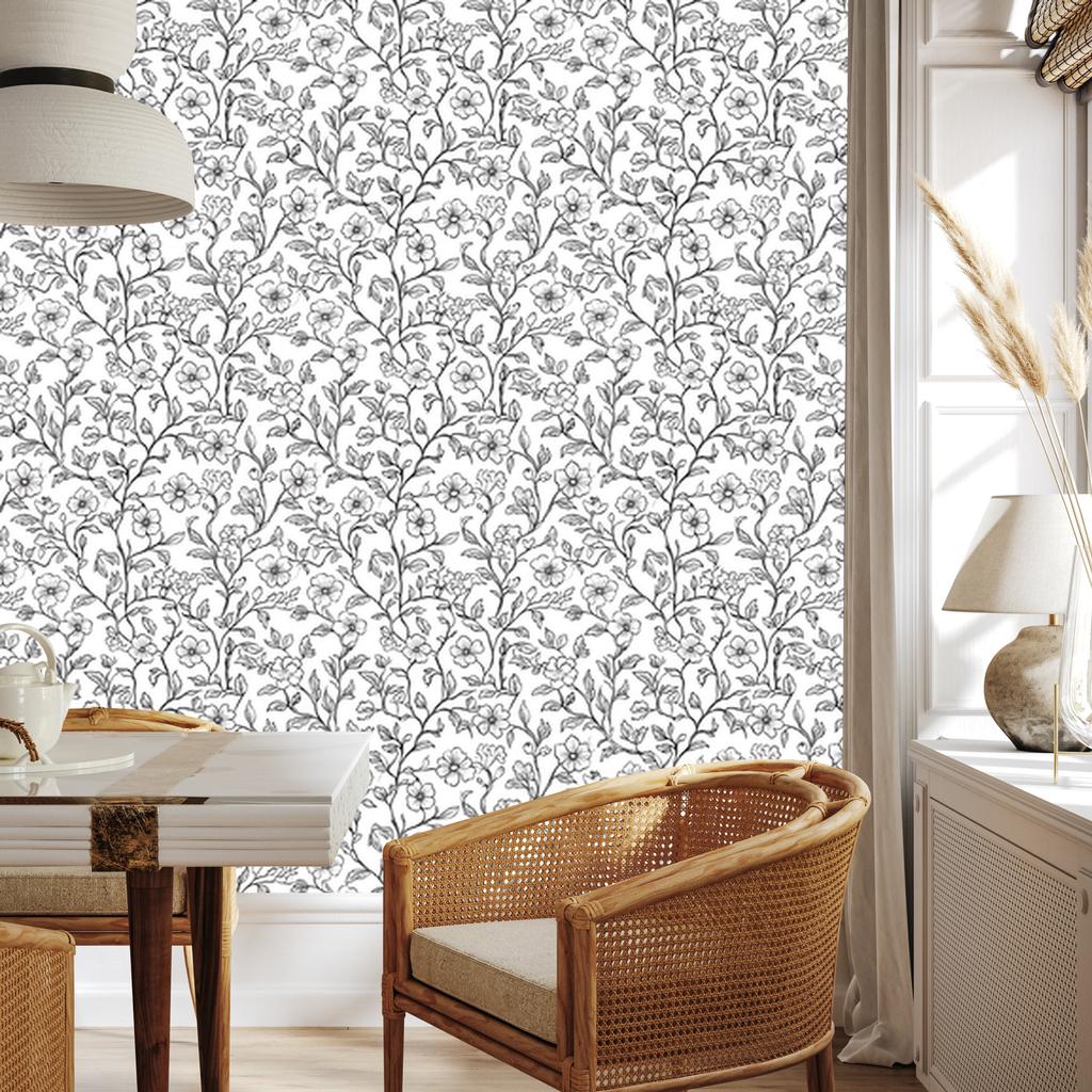 Wallpaper Black and White Flowers Light Gray and White 50x1000