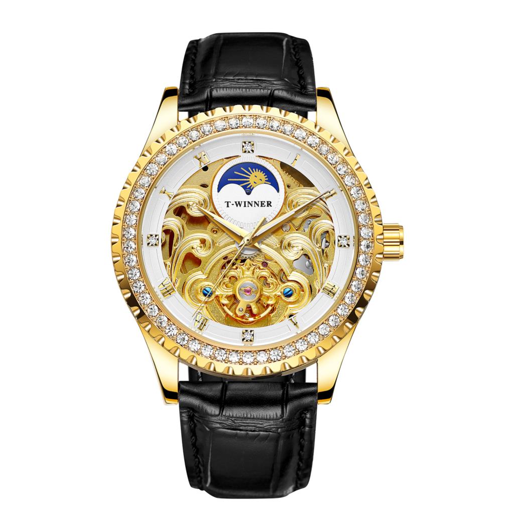 Luxury Men's Gold Case Mechanical Watch with Moon Phase Stainless Steel Strap Waterproof Automatic Wristwatch for Male Fashion